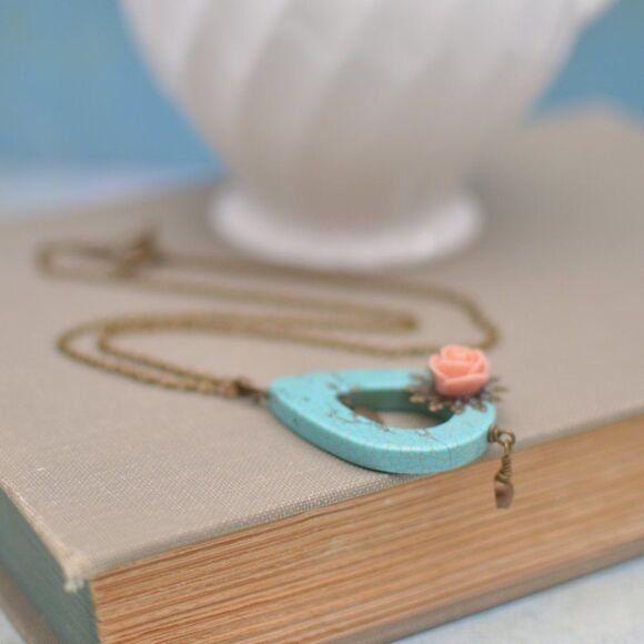 Turquoise & Pink Rose Necklace - Picture 2 of 4